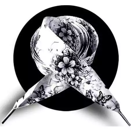 Lacets larges satin blanc fleurs+ papillons noirs pour vos chaussures