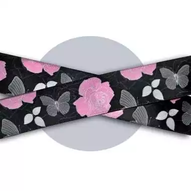 Lacets satin large&nbsp;noir fleuris gris &&nbsp;rose pour vos…