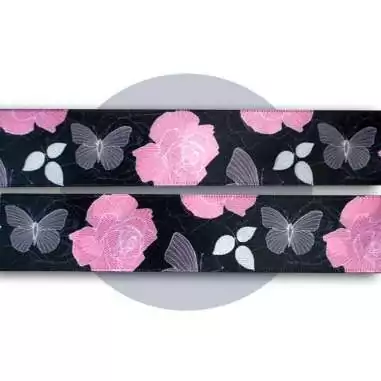 Lacets satin large&nbsp;noir fleuris gris &&nbsp;rose pour vos…