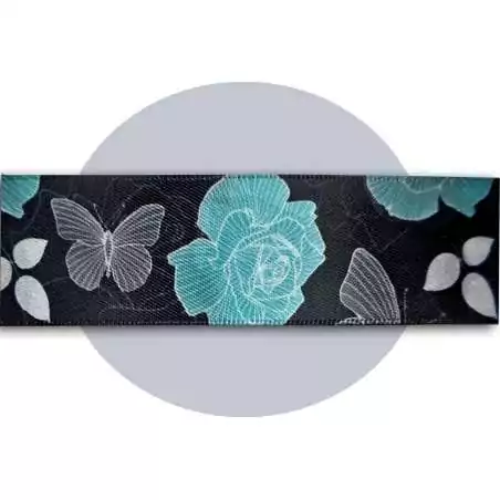 Lacets satin large&nbsp;noir fleuris gris &&nbsp;bleu pour vos…