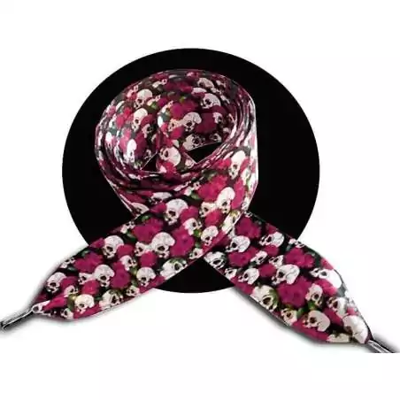 Lacets satin large crânes & fleurs roses pour vos chaussures
